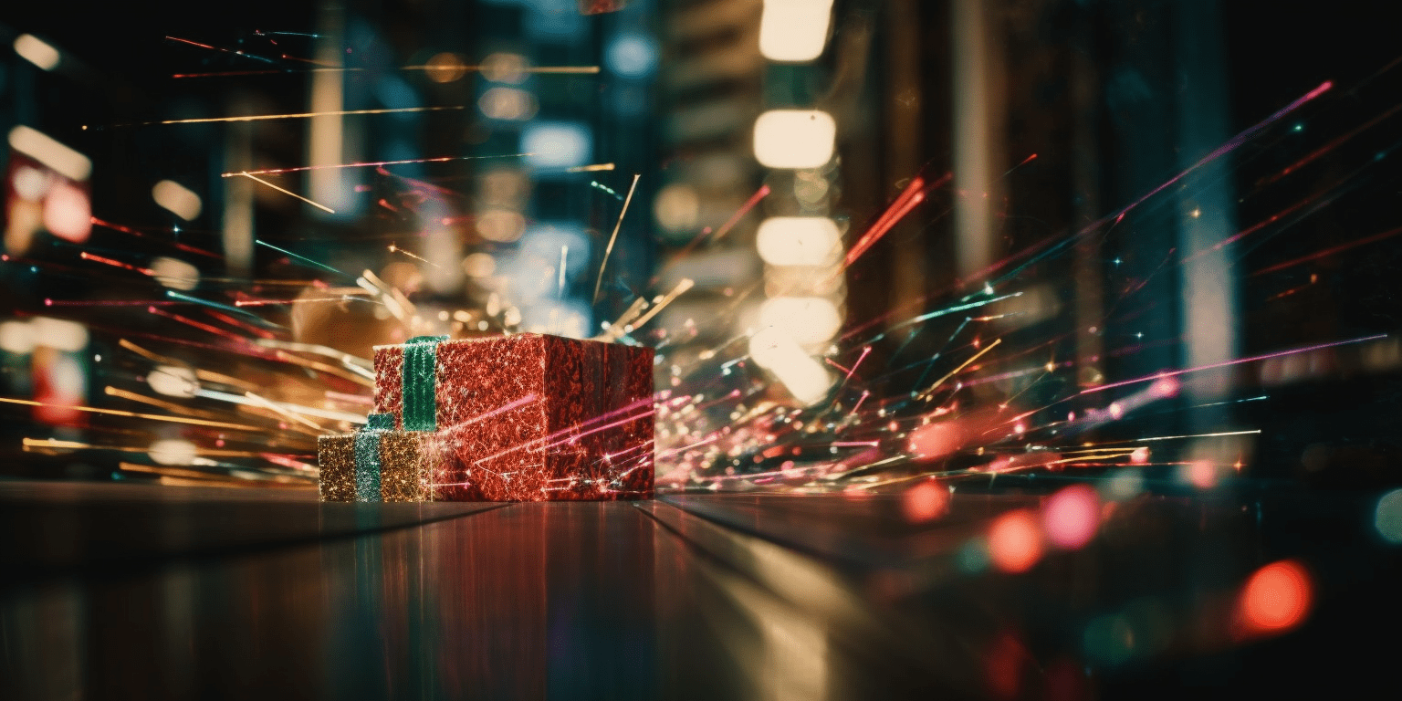 Ein Symbolbild für Weihnachtsstress zeigt Geschenke in einer Großstadt mit einem Zommeffekt fotografiert. (AI generated)